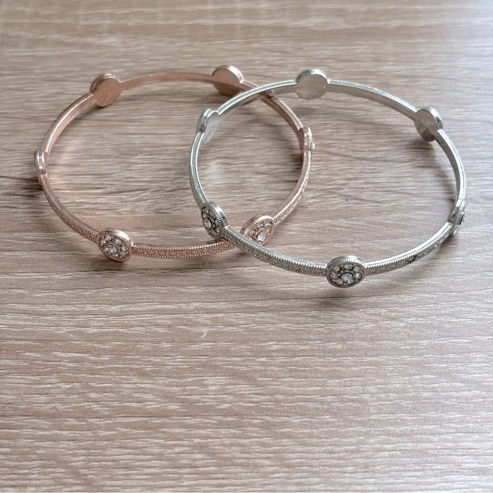 Set of 2 Silver/Rose Gold Crystal Rhinestone Stackable Bangle Fashion Bracelets